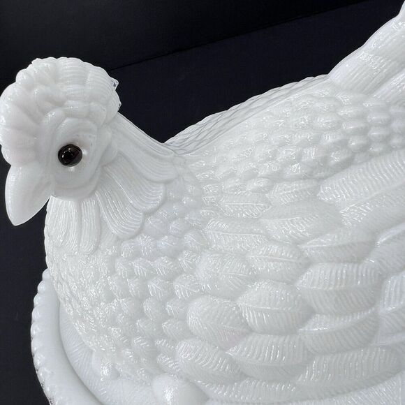 Antique Milk Glass Large Nesting Chicken Hen on Basket Covered Dish - Picture 3 of 12